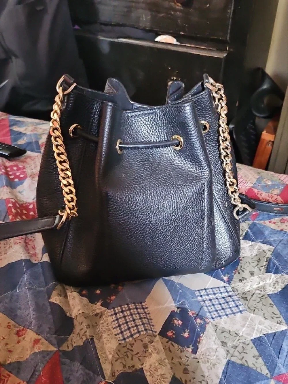 Michael Kors Black Pebbled Leather Drawstring Bucket Bag